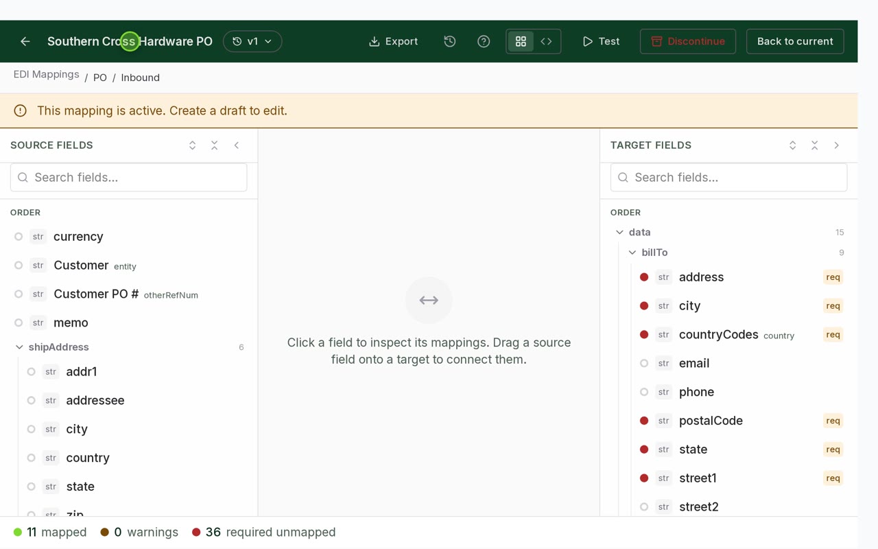 The mapping editor, source fields on the left and target fields on the right